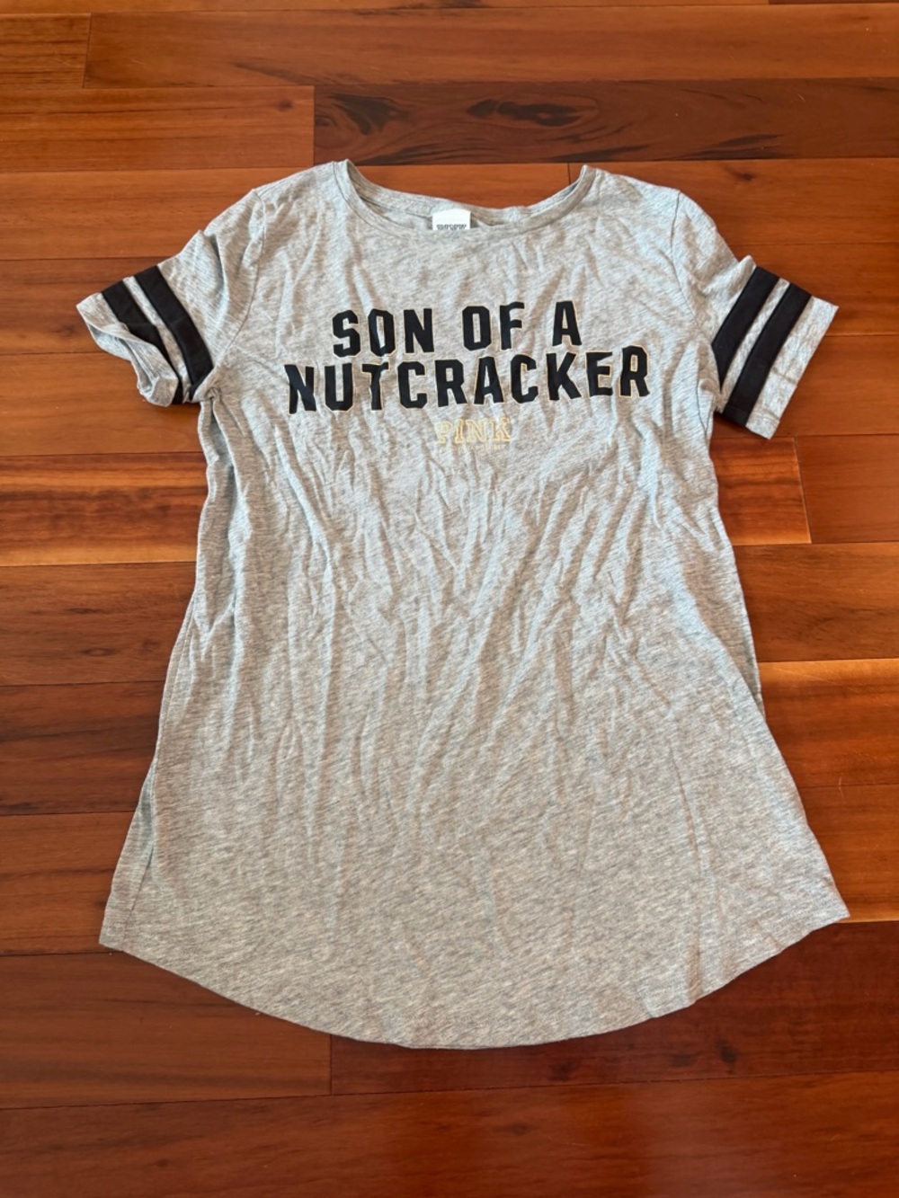 PINK Victoria's Secret Light Gray Graphic Tee with Black Sleeve Stripes